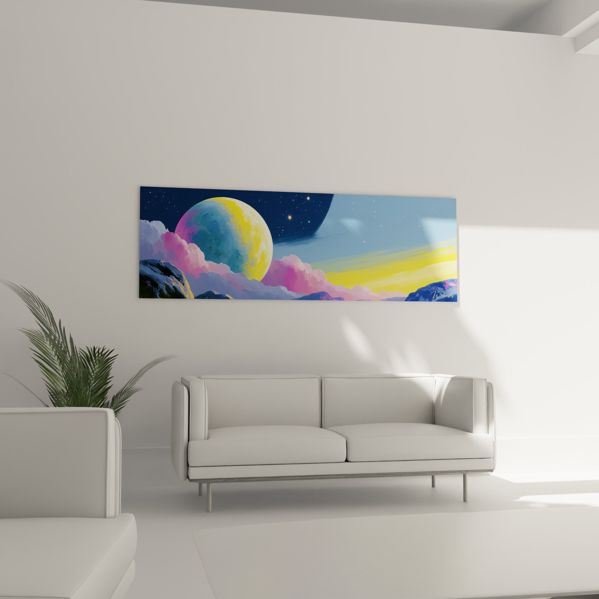 Astre doré et bleu flottant parmi des nuages roses, suspendu au-dessus d'un canapé dans un salon lumineux.