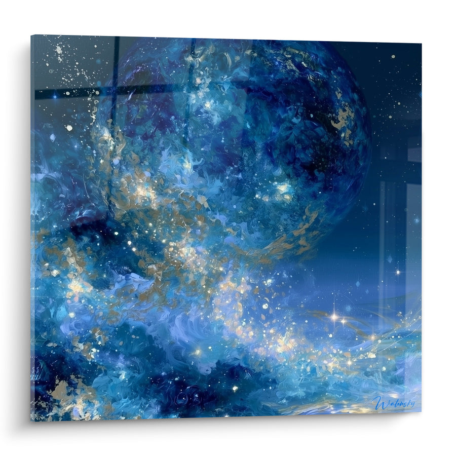 Dipinto Sfera Blu e Dorata con Schizzi Scintillanti - Polvere di Stelle - Edizione Pianeta