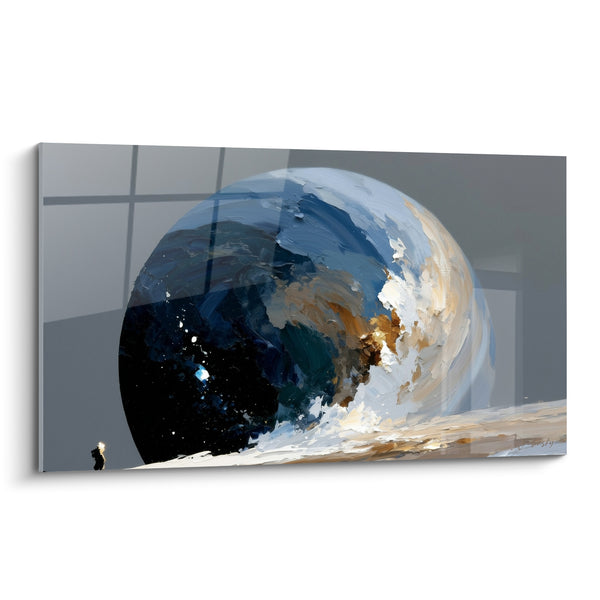 Tableau Sphère bleu nuit et dorée aux éclats givrés - Silhouette portant une lanterne - Edition Planète