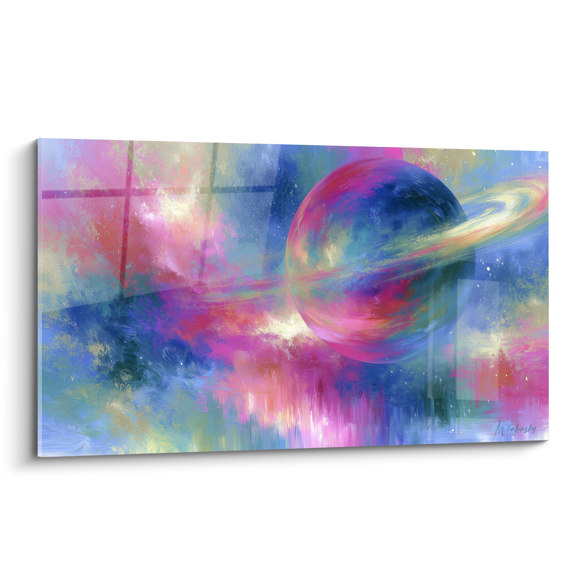 Sphère planétaire bleu marine et rose vif cerclée d'un anneau doré, style aquarelle abstraite cosmique