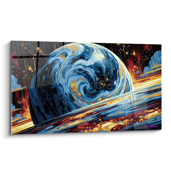 Tableau Sphère bleue et dorée aux traînées bordeaux - Vague spiralée lumineuse - Edition Planète