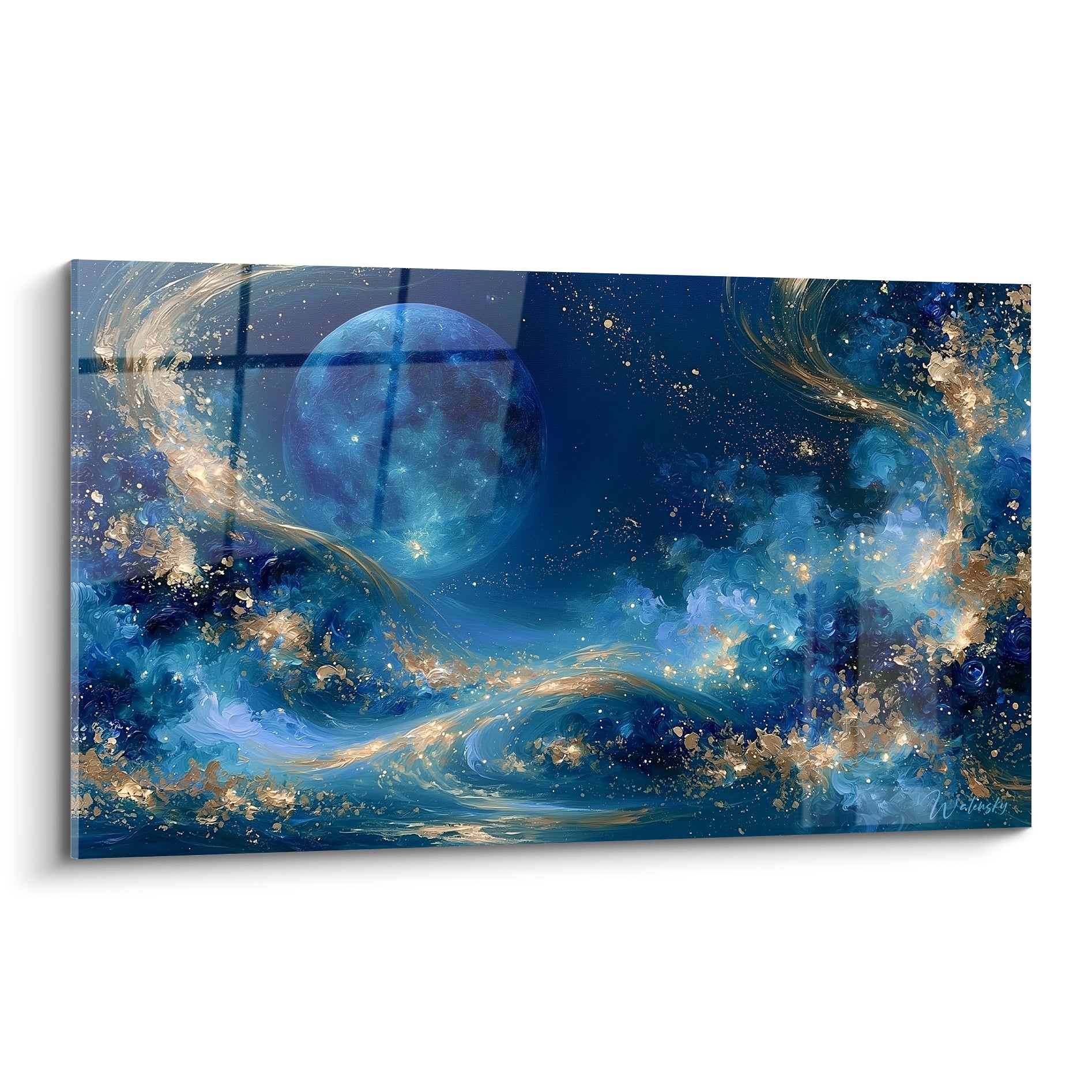 Planète bleu marine entourée de courants dorés sur fond étoilé anthracite, style peinture cosmique
