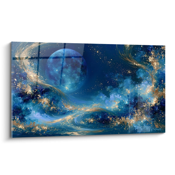 Tableau Sphère bleue et dorée aux volutes tourbillonnantes - Vagues d'étoiles - Edition Planète
