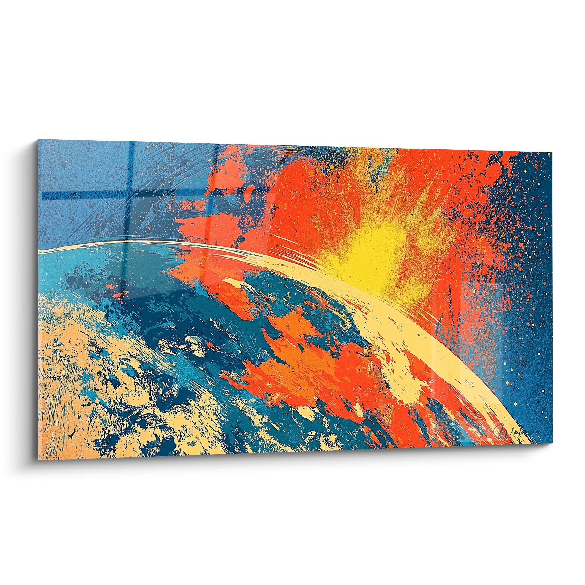 Planète bleu marine traversée d'une explosion orange et jaune, style pictural expressif et graphique