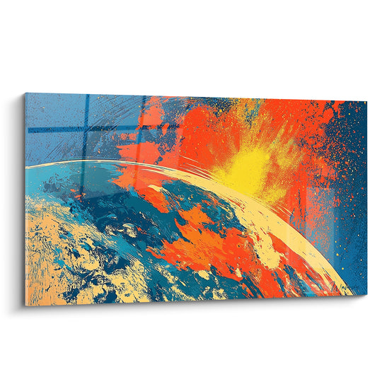 Planète bleu marine traversée d'une explosion orange et jaune, style pictural expressif et graphique