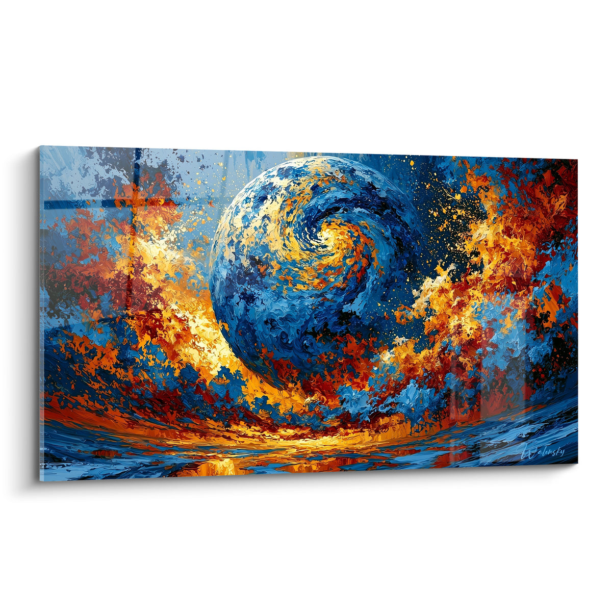 Planète bleu marine en spirale traversée d'orange incandescent et de doré, style peinture au couteau
