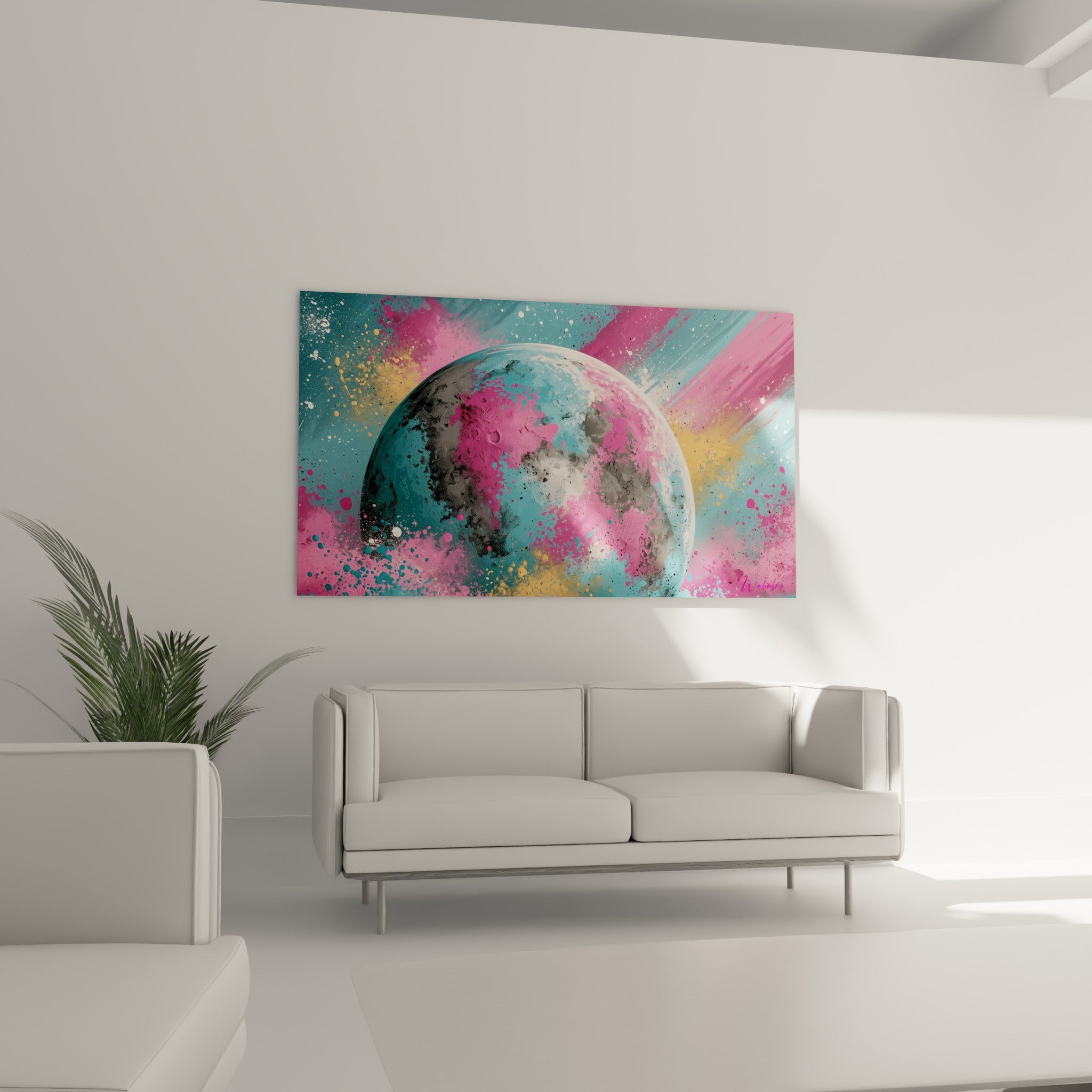 Planète abstraite bleu pastel et rose vif, suspendue au-dessus d'un canapé dans un salon lumineux