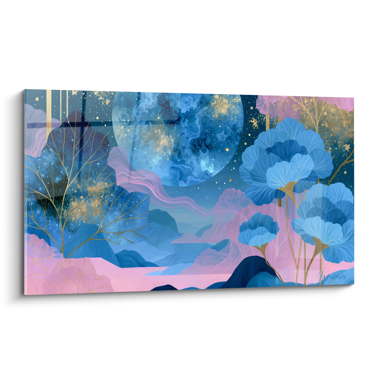 Planète bleu marine et rose pastel entourée d'arbres dorés stylisés en pleine composition onirique