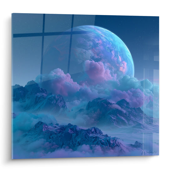 Planète bleue et violette émergeant de nuages roses au-dessus de montagnes enneigées