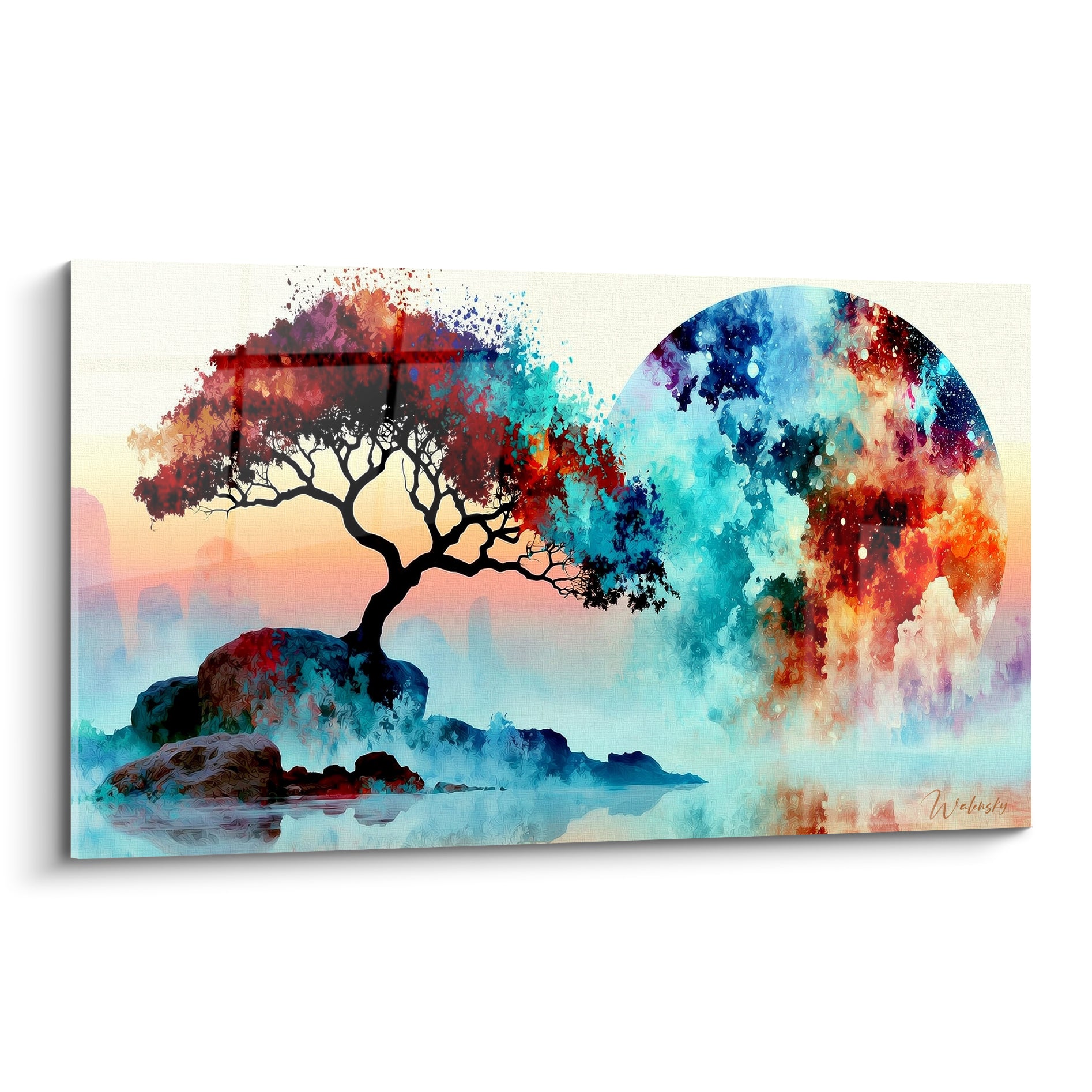 Bonsaï silhouette noire sur rocher face à une planète bleu turquoise et rouge terracotta