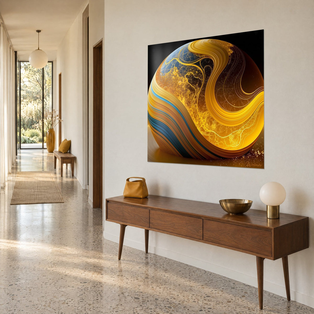 Tableau planète ambrée striée de bleu pétrole sur fond noir, vue en biais sur un mur beige, couloir clair
