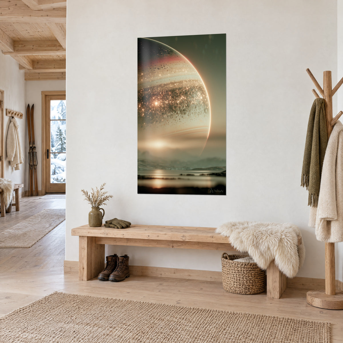Tableau globe cosmique aux bandes rosées et poussière d'or sur un lac brumeux, vu de trois-quarts dans un chalet