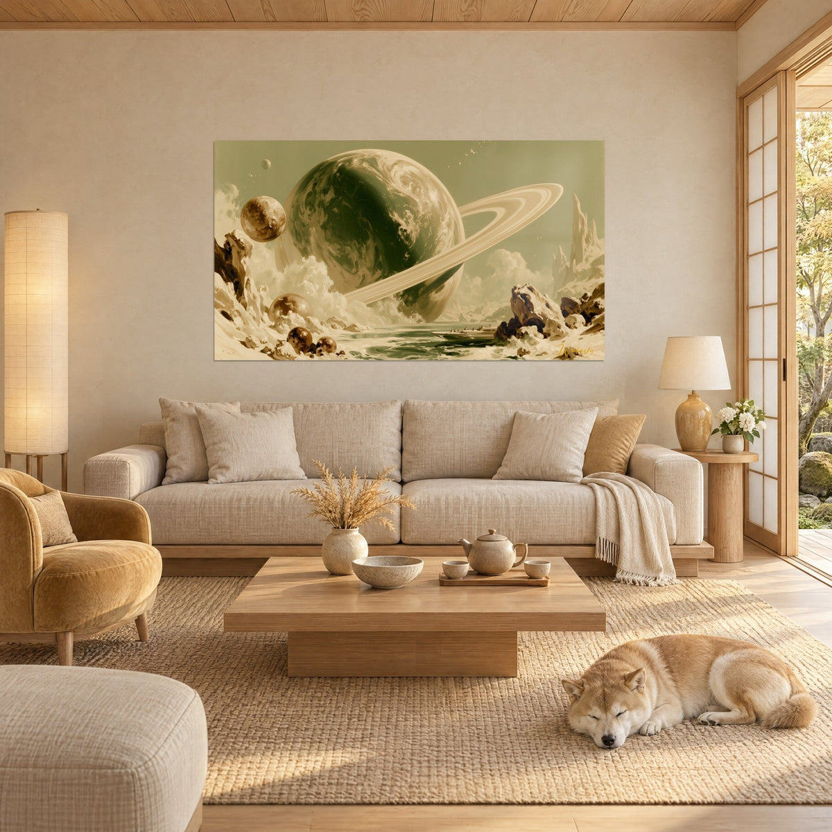 Tableau géante gazeuse annelée aux nuances sépia et vert olive, yacht sur mer écumeuse, Shiba couché, au-dessus d'un canapé dans un salon lumineux
