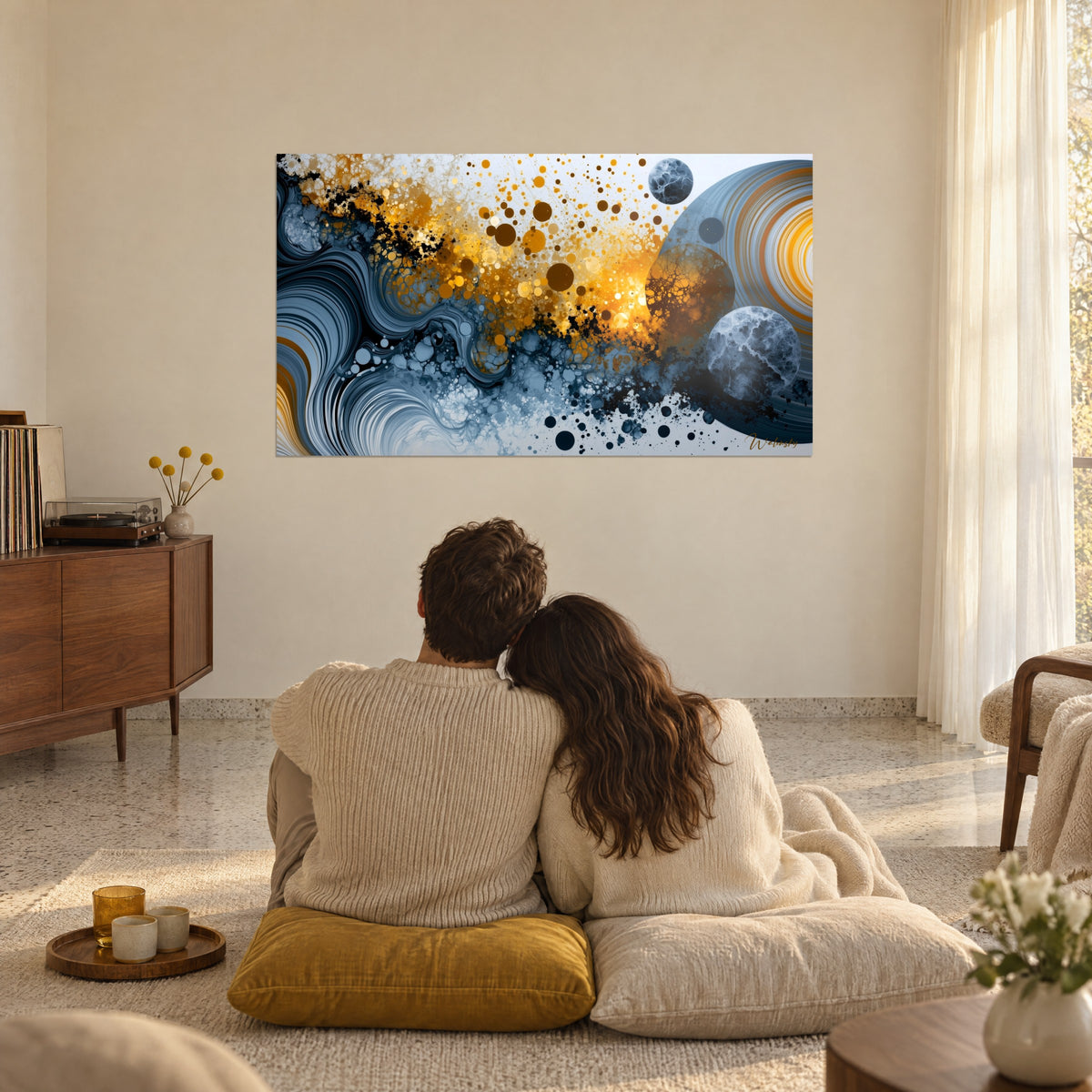 Schilderij heelal van bollen en okerkleurige scherven, concentrische grijsblauwe krommen, stel van achteren omstrengeld op kussens tegenover de woonkamermuur