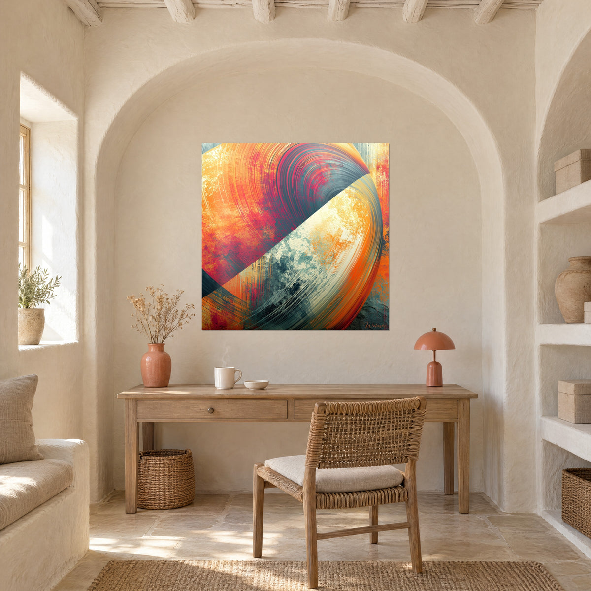 Tableau orbe strié de gris ardoise et d'orangé ocre, accroché dans une alcôve voûtée au-dessus d'un bureau en bois clair