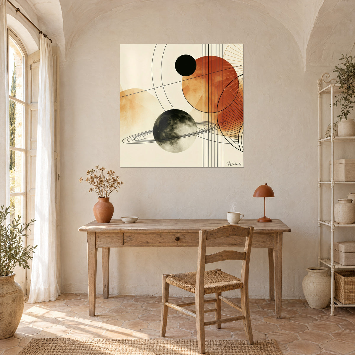 Tableau orbite silencieuse : sphère charbon anneaux d'encre, demi-soleil roux et rayons cuivrés, face à un bureau en bois clair