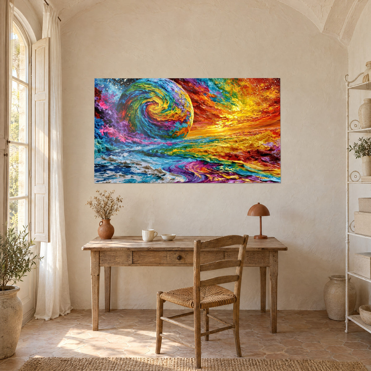 Tableau monde en spirale peint à la spatule, rivière violette et ciel rouge ardent, au-dessus d'un bureau en bois