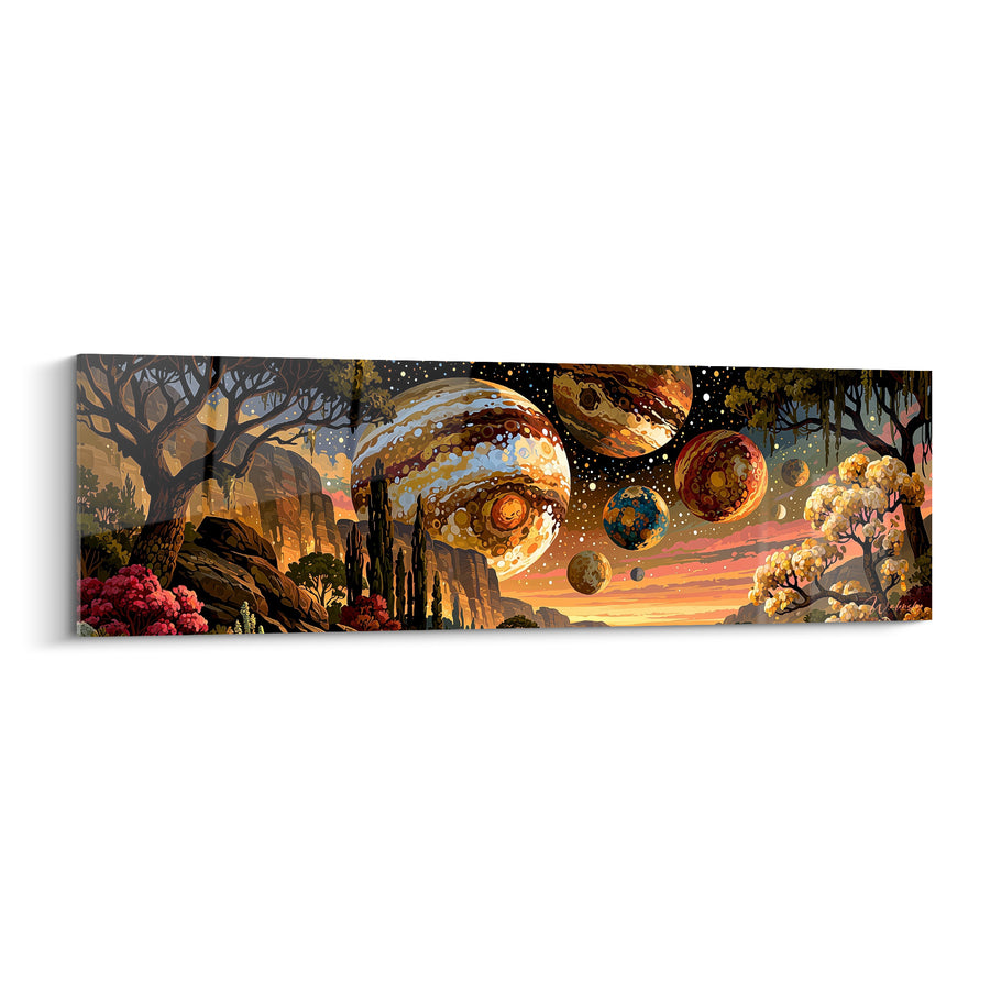Tableau Multiples sphères ambrées et bleutées au-dessus de canyons - Arbres en fleurs roses - Edition Planète