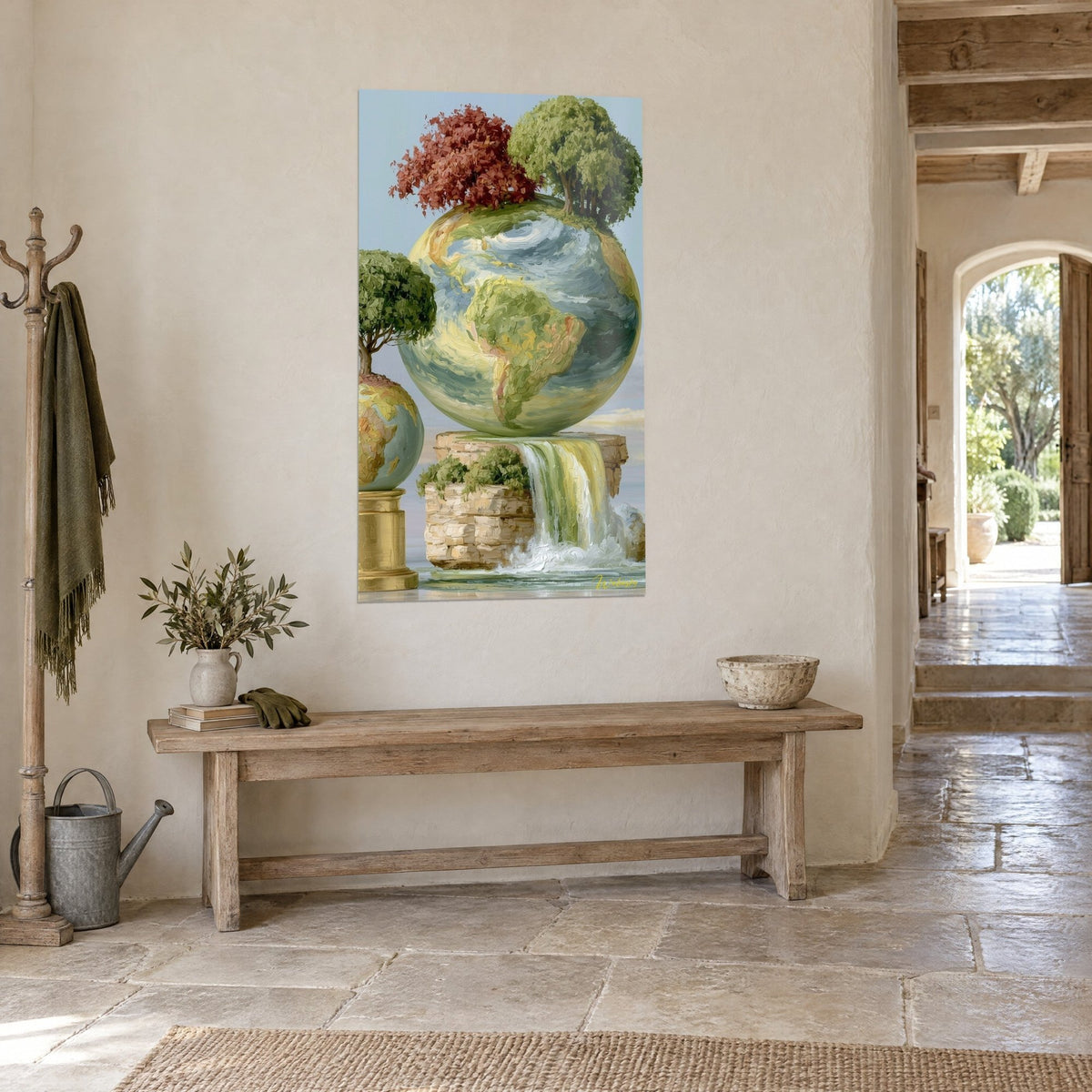 Wall art oil-painted planet, grey-blue oceans and green Americas, rust-coloured trees, three-quarter view, stone hallway