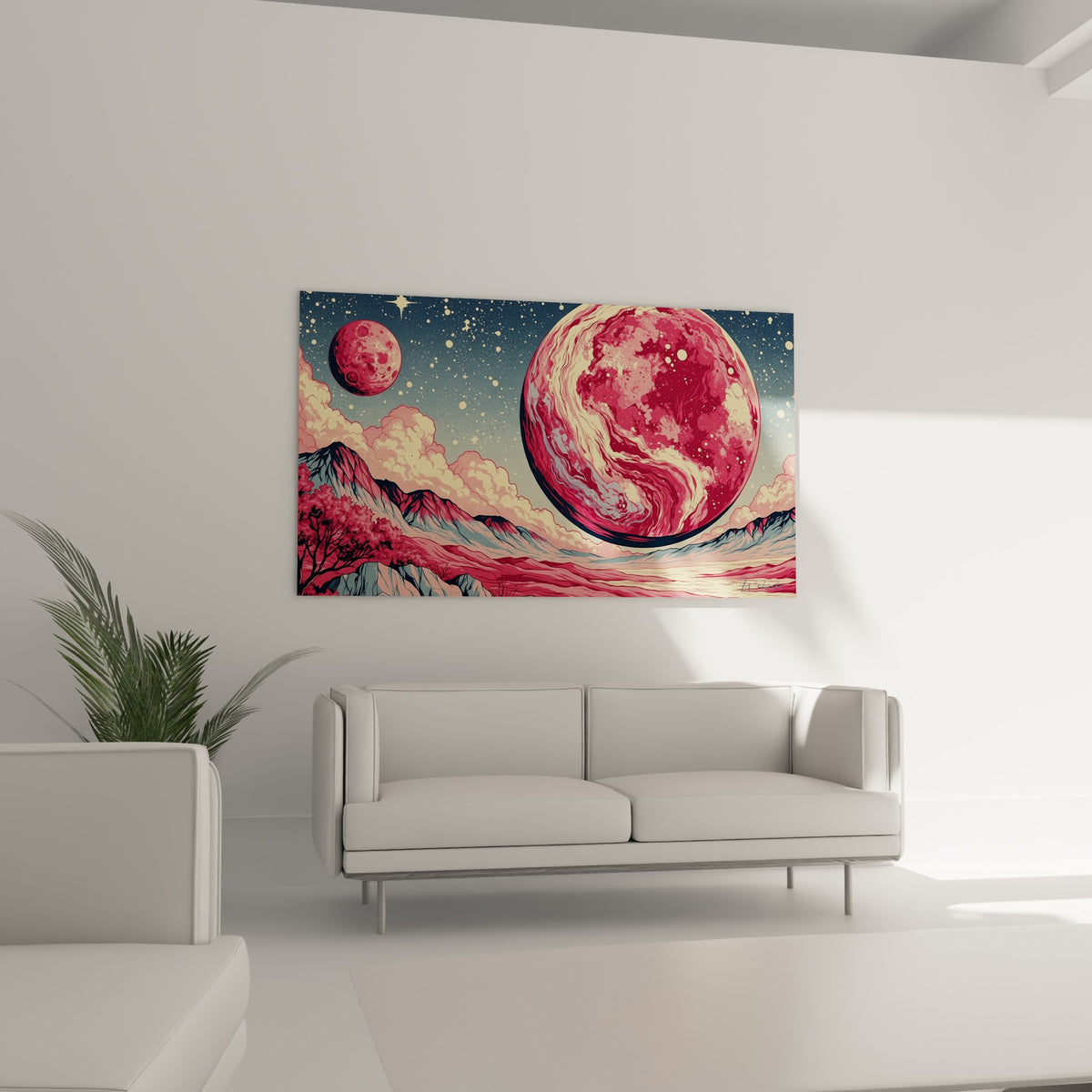 Astre marbré rouge et ivoire dominant un paysage bleu-rosé, au-dessus d'un canapé dans un salon lumineux