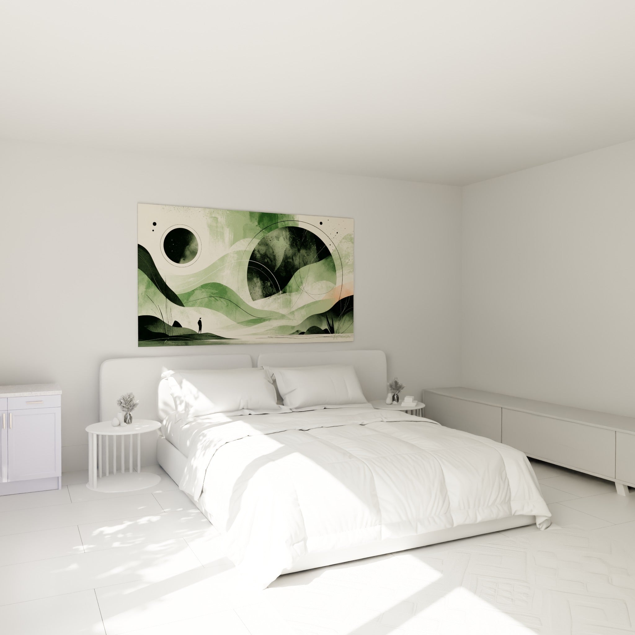 Sphères vert olive et crème d'un tableau Planète accrochées au-dessus d'un lit dans une chambre claire