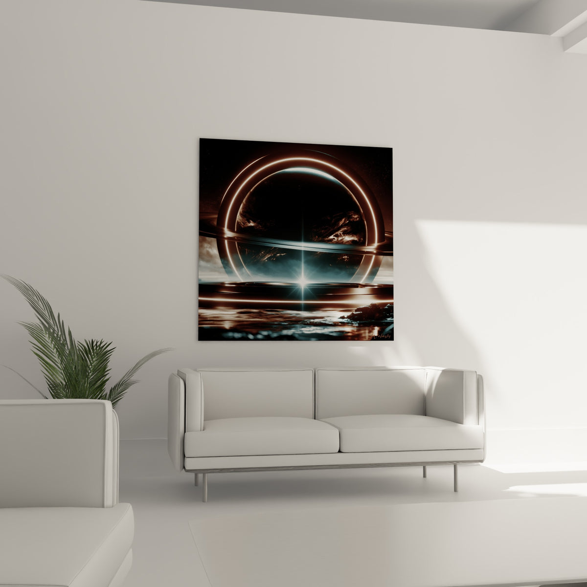 Anneaux lumineux dorés entourant une planète sombre, disposés au-dessus d'un canapé dans un salon lumineux