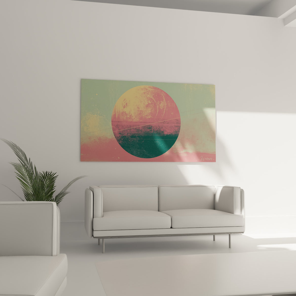 Composition Planète circulaire rose et vert sauge suspendue au-dessus d'un canapé dans un salon lumineux