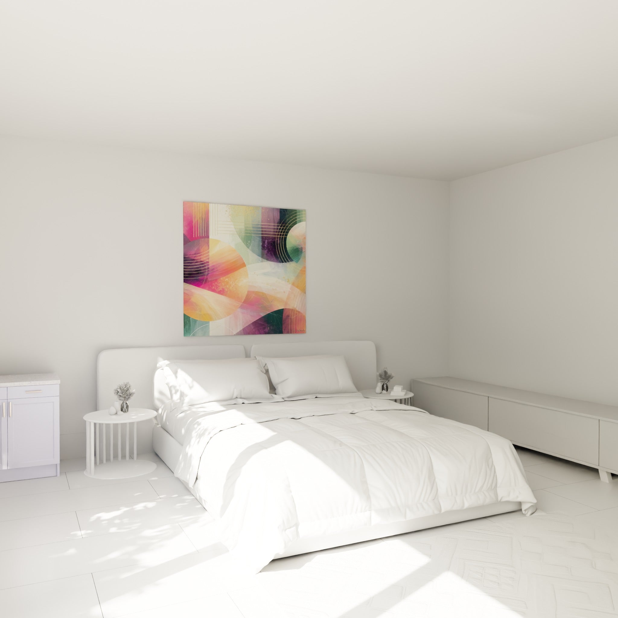 Cercles Planète orange et prune superposés au-dessus d'un lit dans une chambre claire