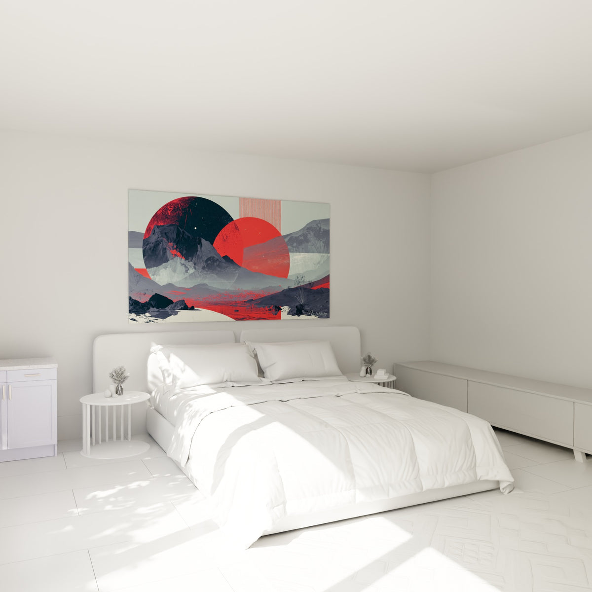 Astres rouge vif et gris ardoise dominant un paysage montagneux, au-dessus d'un lit dans une chambre claire