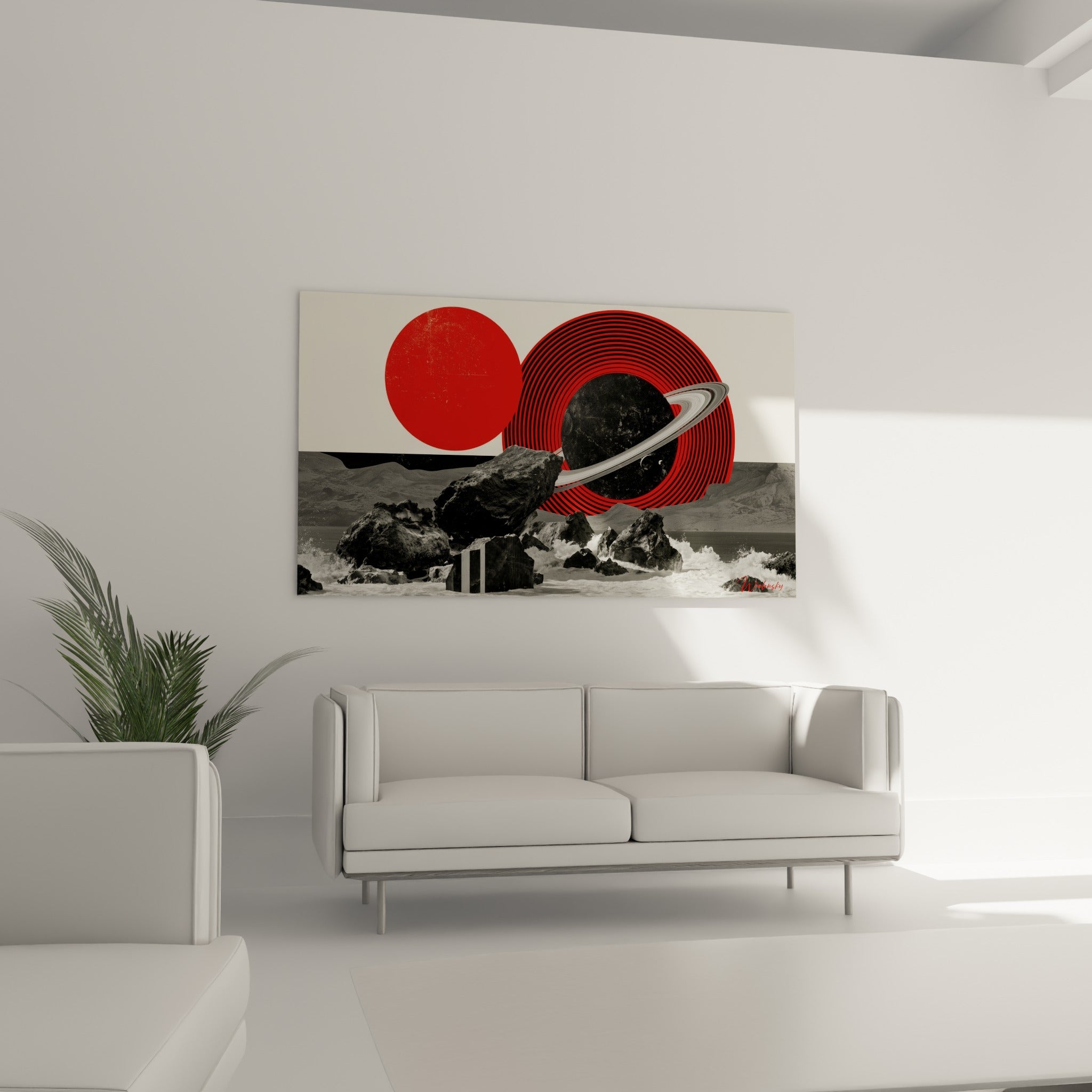 Disque rouge et planète annelée noire en collage graphique, au-dessus d'un canapé dans un salon lumineux