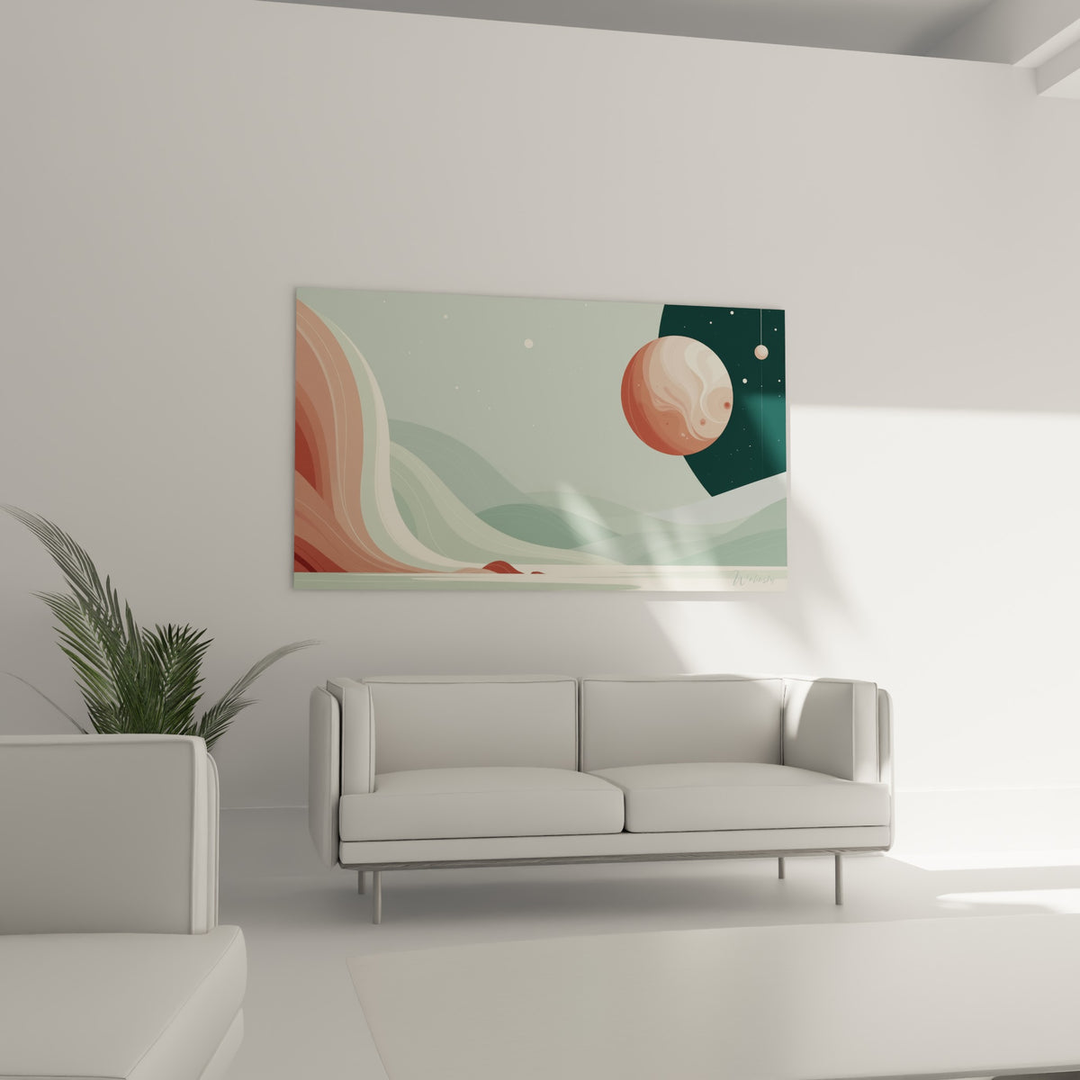 Paysage cosmique ocre et sauge aux courbes fluides au-dessus d'un canapé dans un salon lumineux