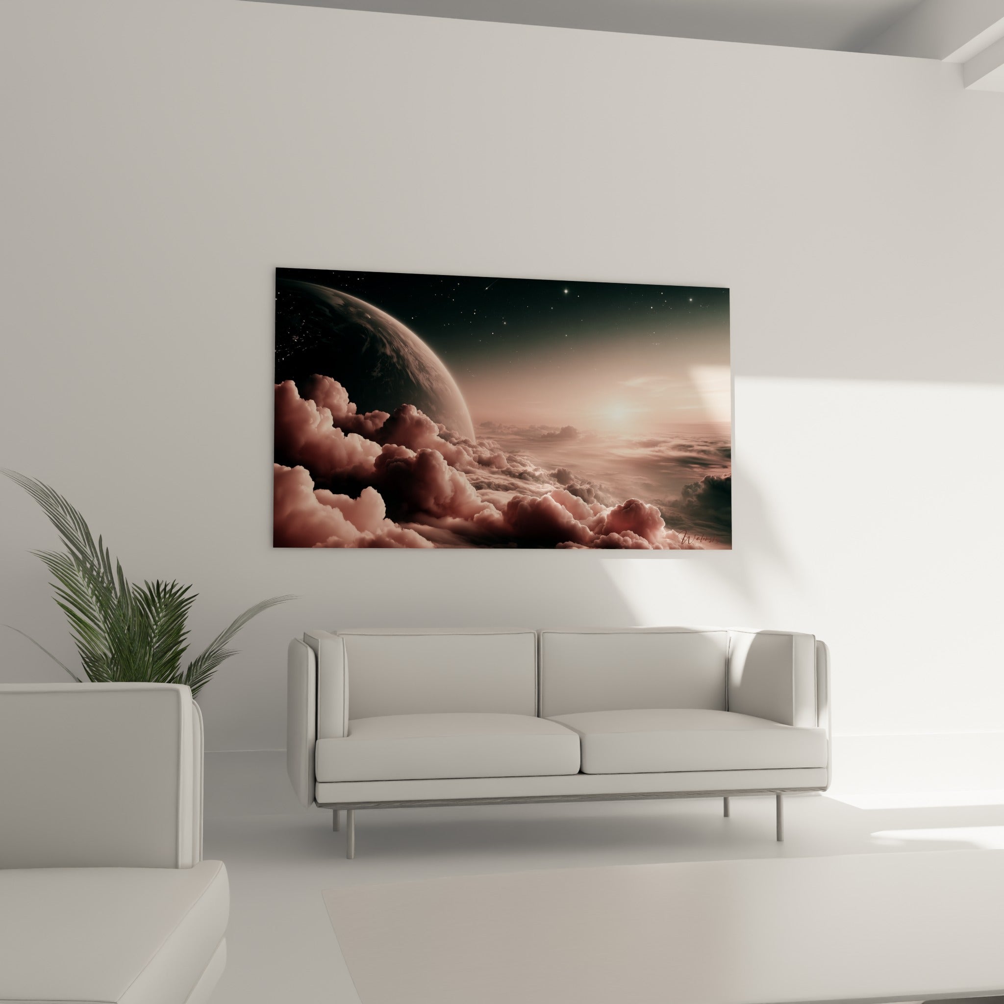 Lever de soleil doré traversant des nuages terracotta, œuvre disposée au-dessus d'un canapé dans un salon lumineux