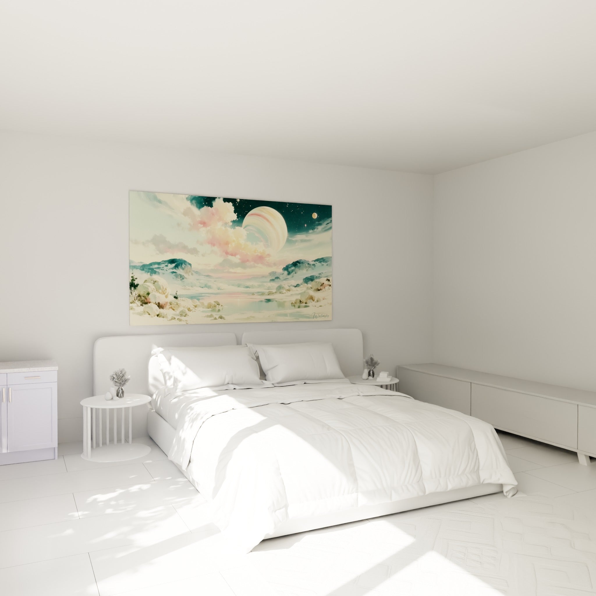 Astre céleste ocre et rose survolant un paysage glacé, au-dessus d'un lit dans une chambre claire