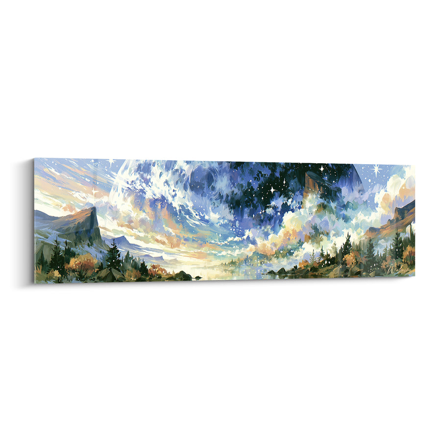 Tableau Cosmos étoilé bleu et doré sur lac - Veille sous les astres - Edition Planète