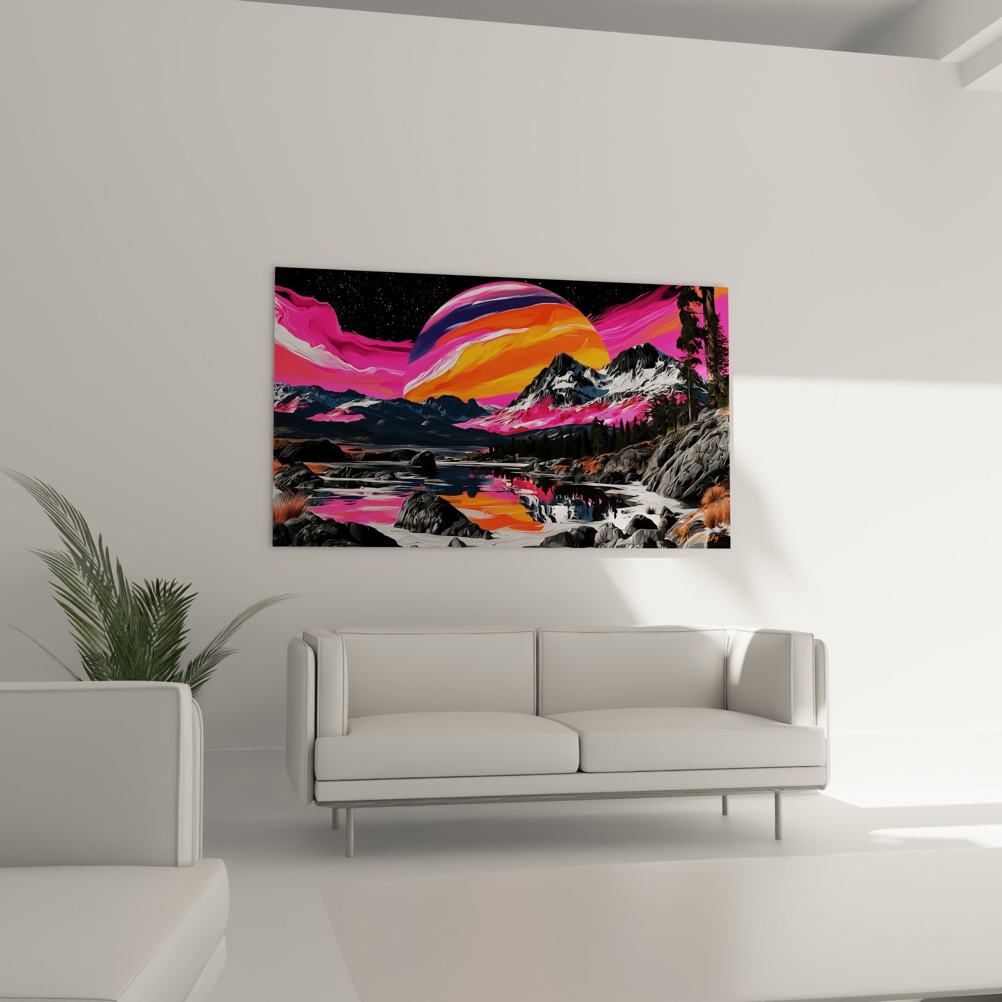 Ciel étoilé noir et planète orange flamboyante illuminant des sommets gris, au-dessus d'un canapé dans un salon lumineux