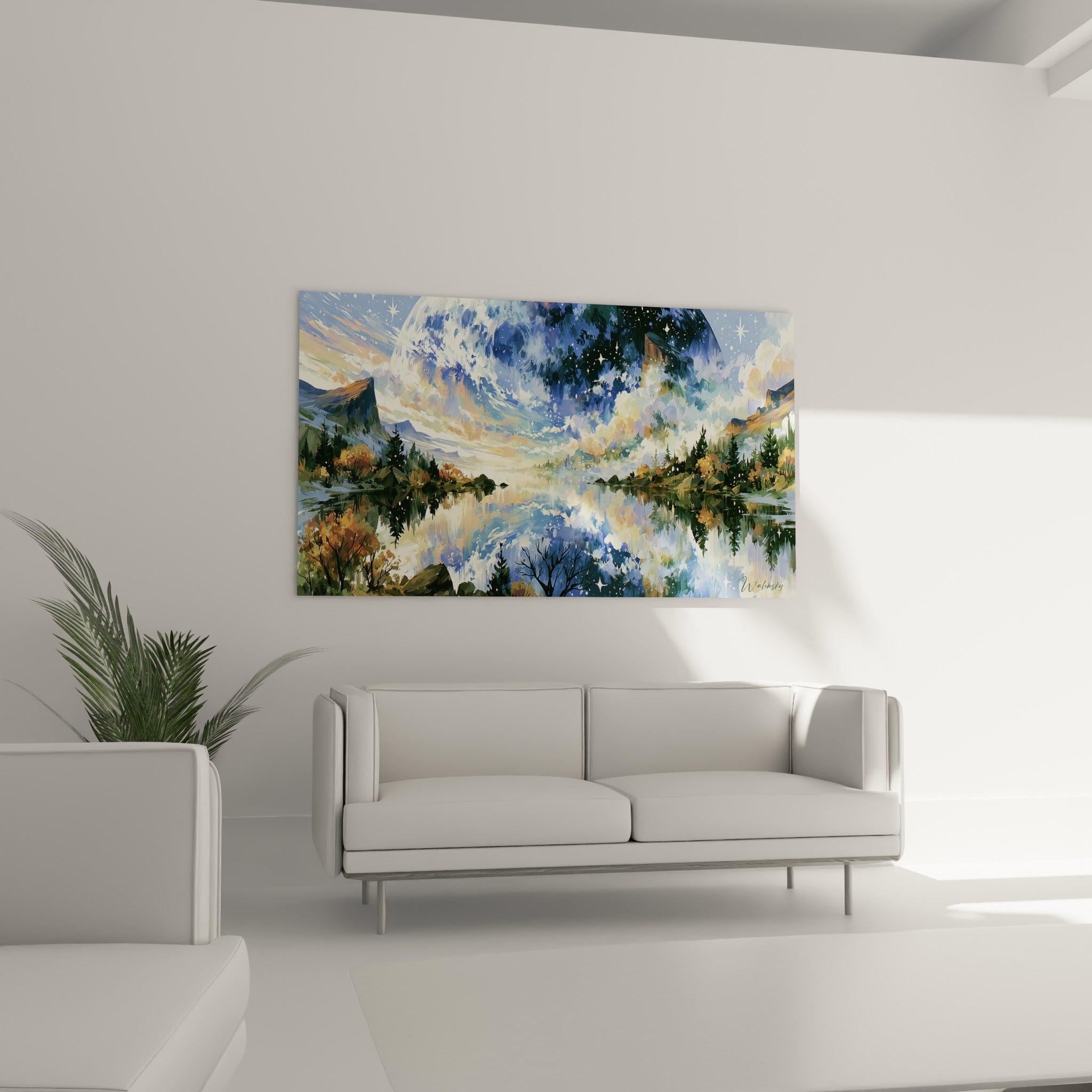 Ciel bleu marine et nuages ocre reflétés dans un lac, tableau Planète au-dessus d'un canapé dans un salon lumineux