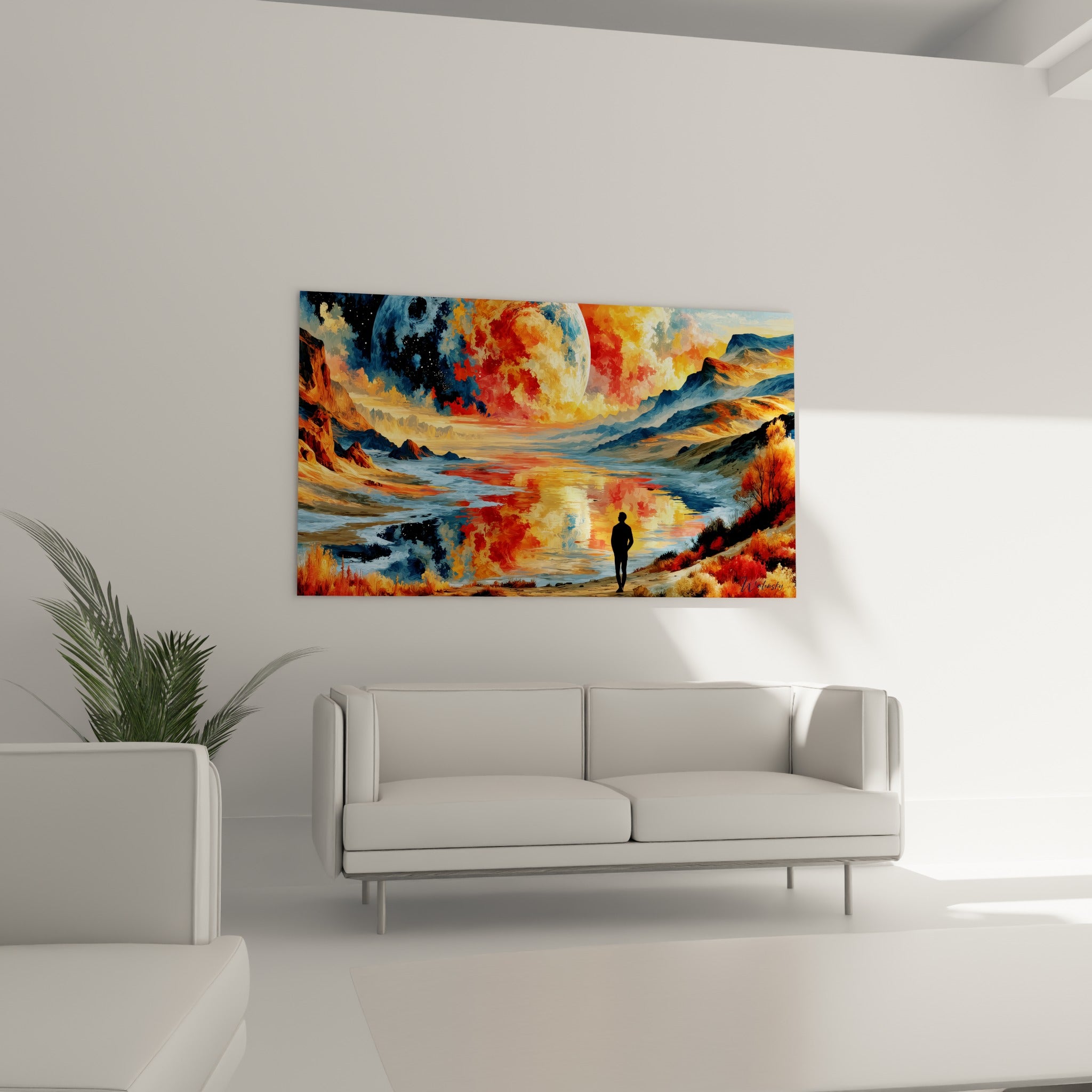 Personnage contemplant un ciel orange et bleu pastel, au-dessus d'un canapé dans un salon lumineux