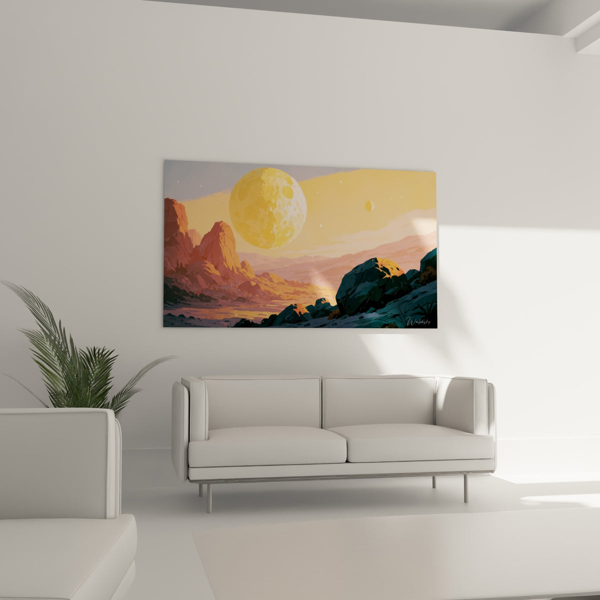 Paysage cosmique ocre et vert émeraude d'une planète onirique, au-dessus d'un canapé dans un salon lumineux