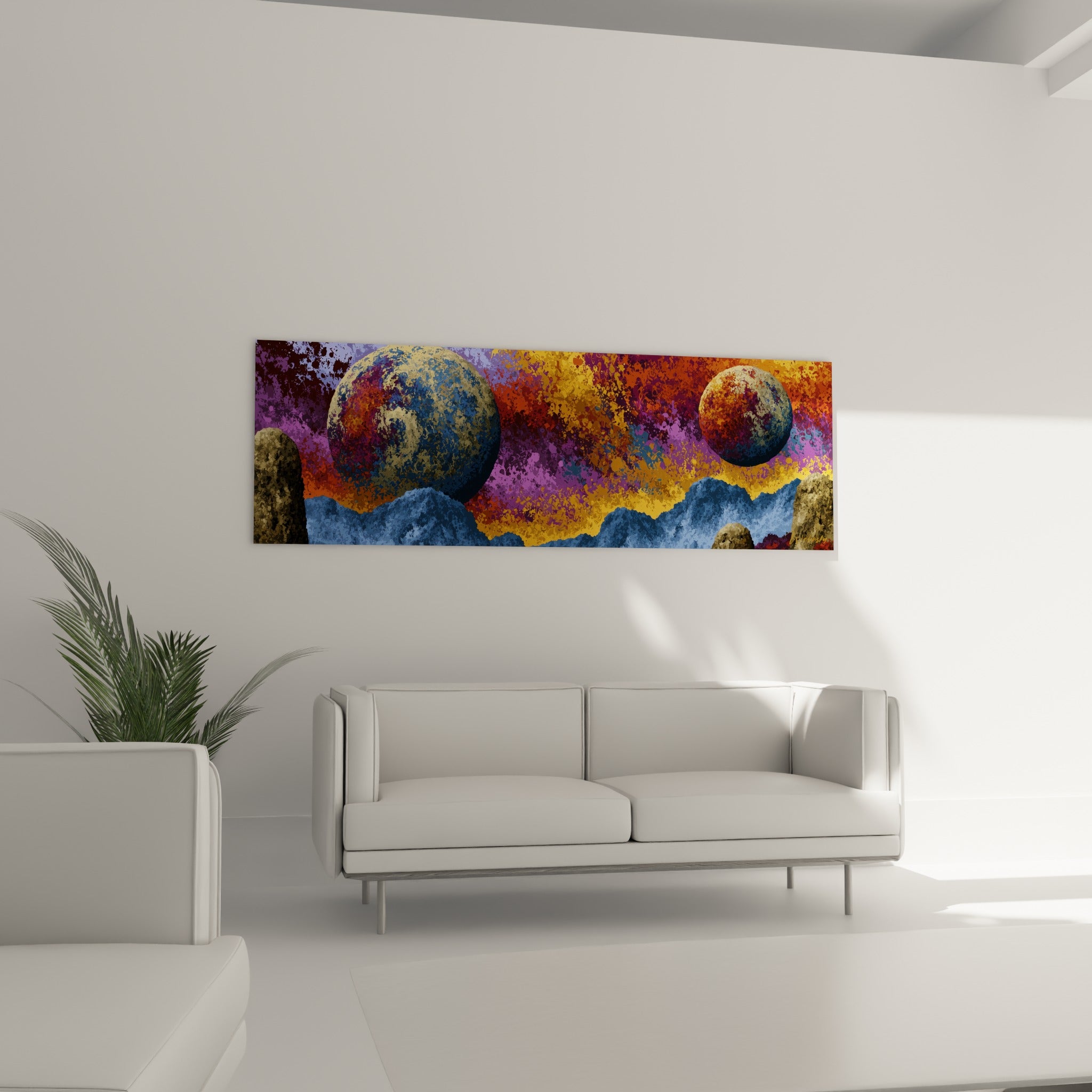 Sphères planétaires dorées et bleu marine sous un ciel violet intense, au-dessus d'un canapé dans un salon lumineux