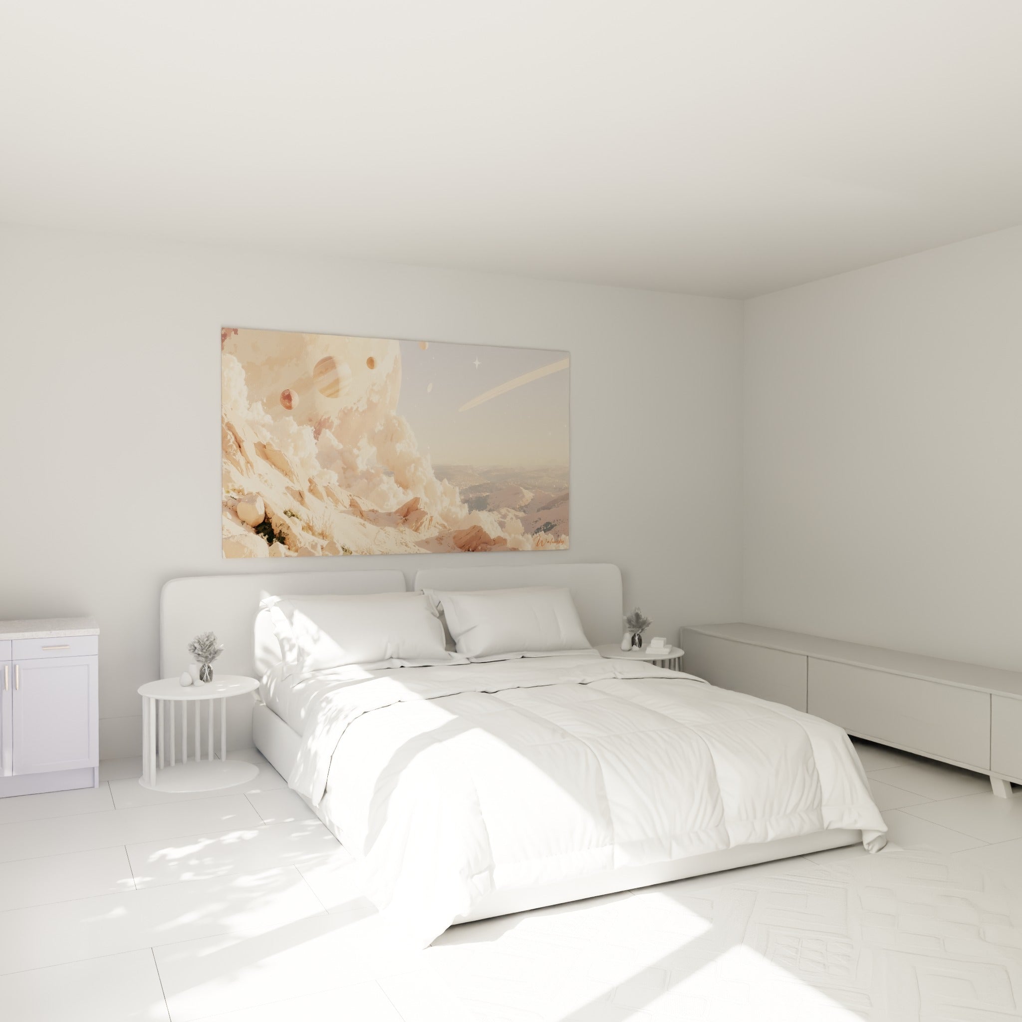 Planète à anneaux dorés et falaise rose poudré au-dessus d'un lit dans une chambre claire