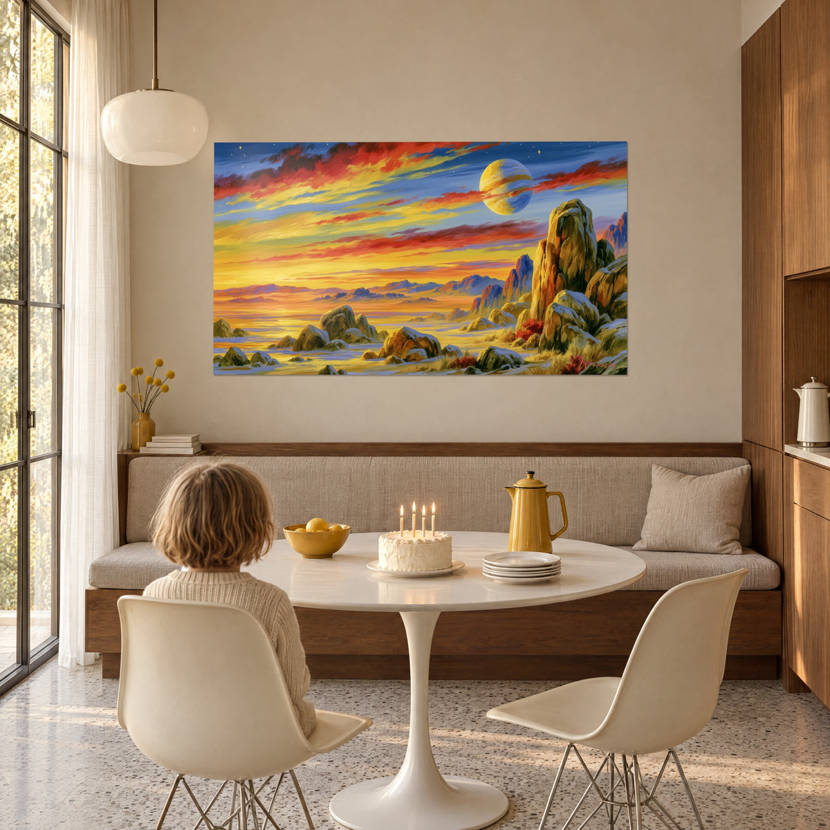 Quadro luna gigante blu e gialla, cielo infuocato di rosso e arancio, rocce ghiacciate, su una parete beige, compleanno in famiglia a tavola