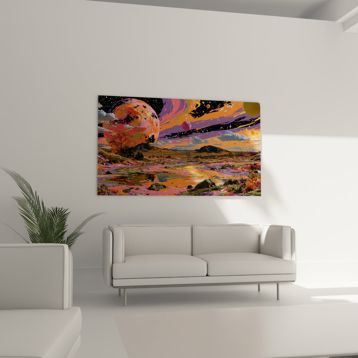 Ciel violet strié d'orange dominant une rivière pastel, au-dessus d'un canapé dans un salon lumineux