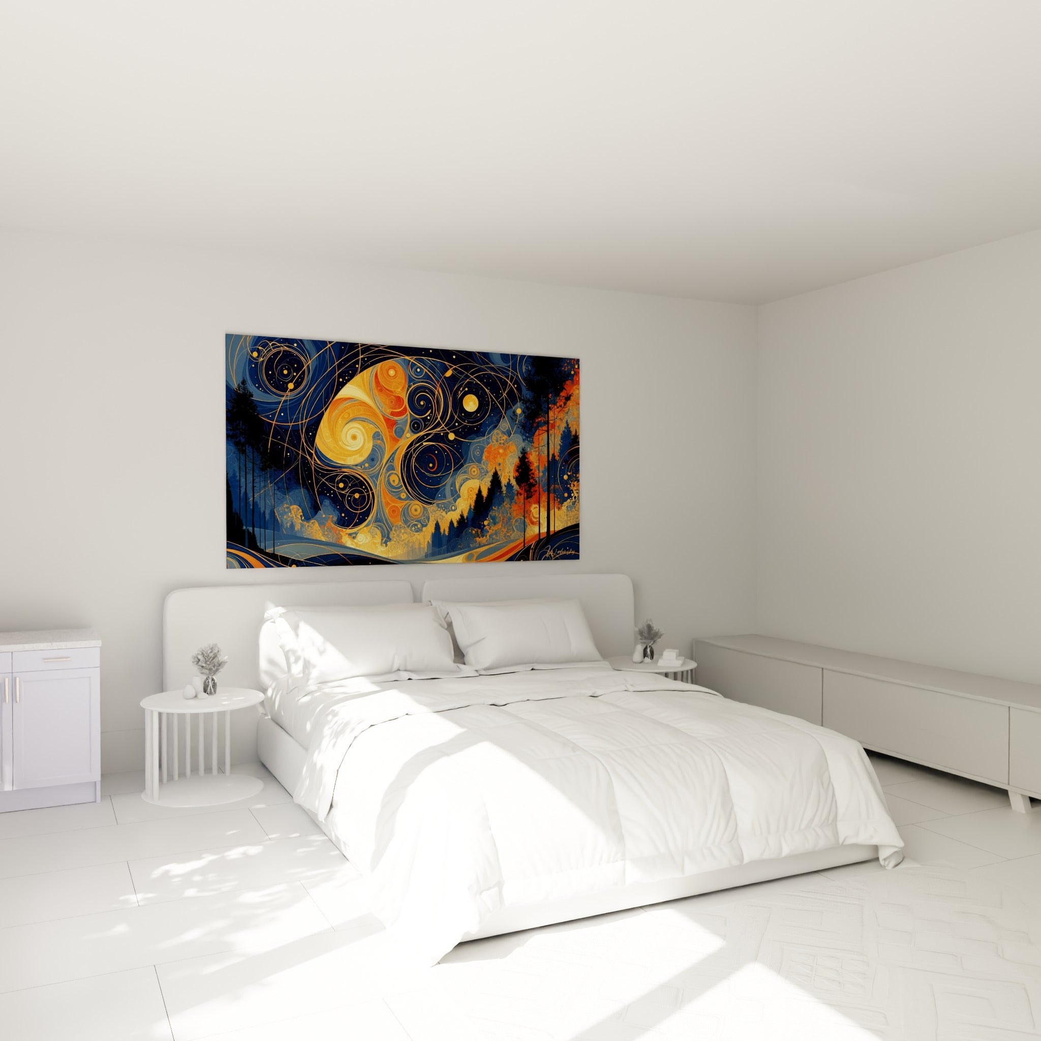 Volutes dorées et bleu nuit tourbillonnent au-dessus d'un lit dans une chambre claire, ambiance cosmique apaisante
