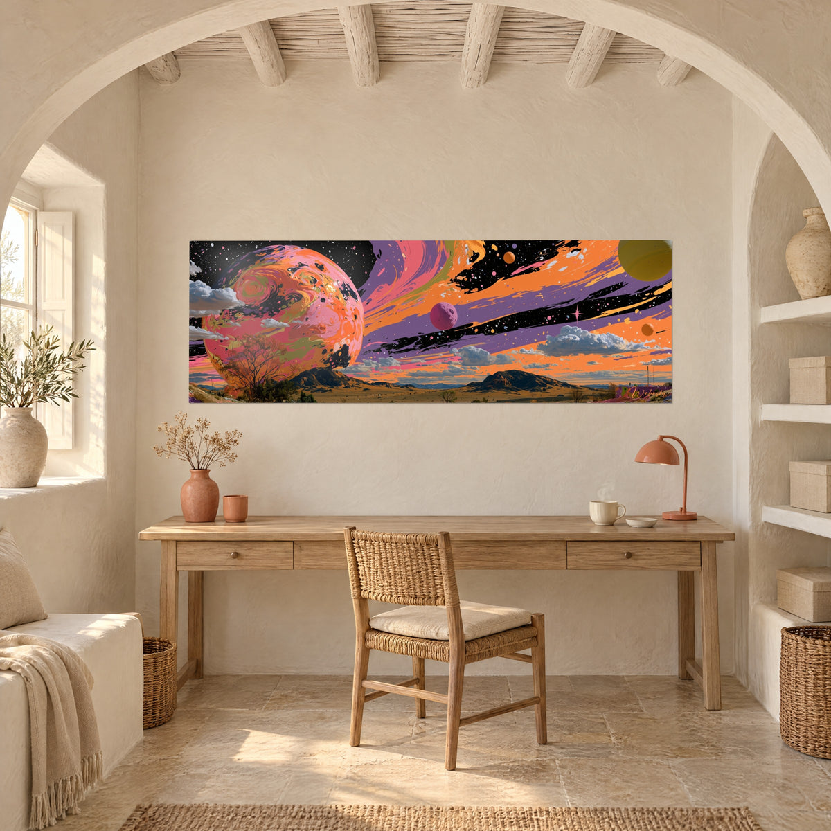 Tableau paysage cosmique à la grosse planète rose, ciel orange et violet semé d'étoiles, accroché au-dessus d'un bureau en bois clair