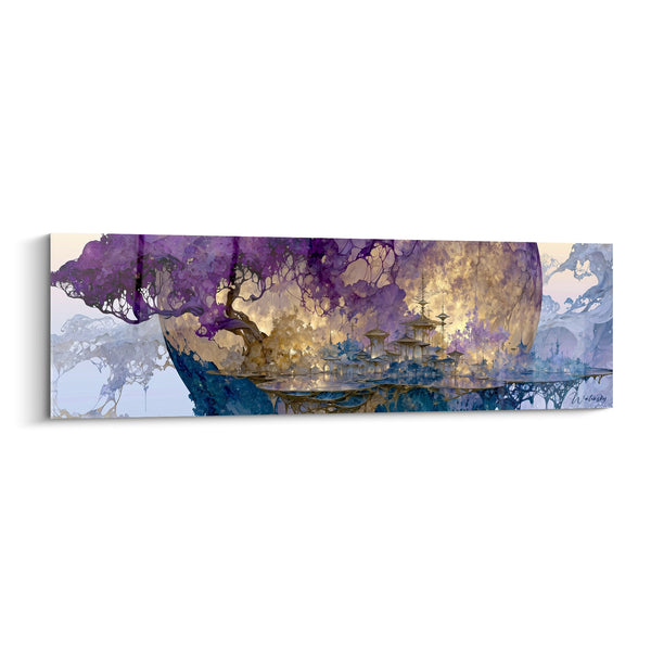 Tableau Sphère mauve et dorée aux pagodes suspendues - Cité flottante mystique - Edition Planète