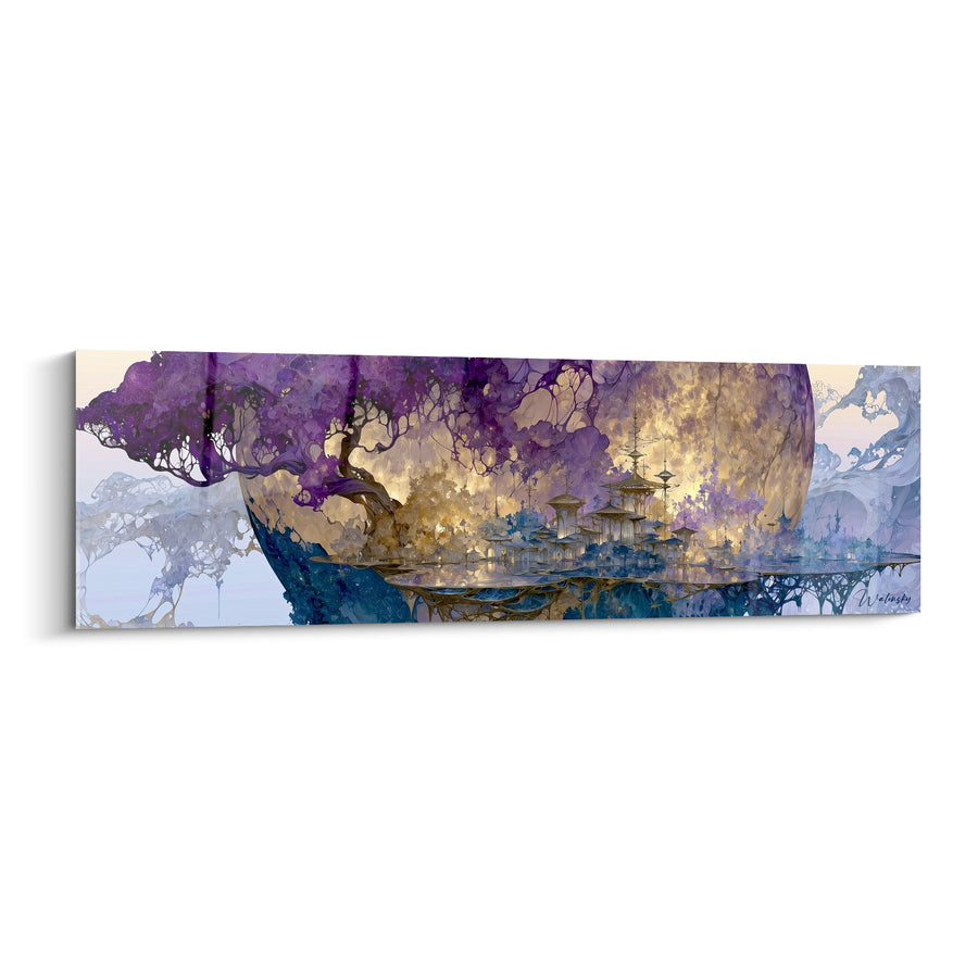 Tableau Sphère mauve et dorée aux pagodes suspendues - Cité flottante mystique - Edition Planète