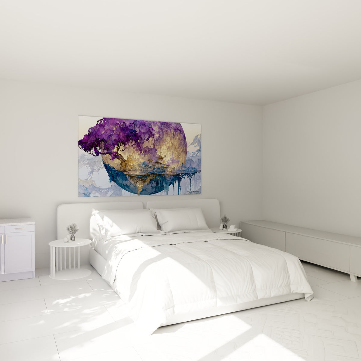 Cité suspendue dorée et violette dans une sphère fractale, au-dessus d'un lit dans une chambre claire