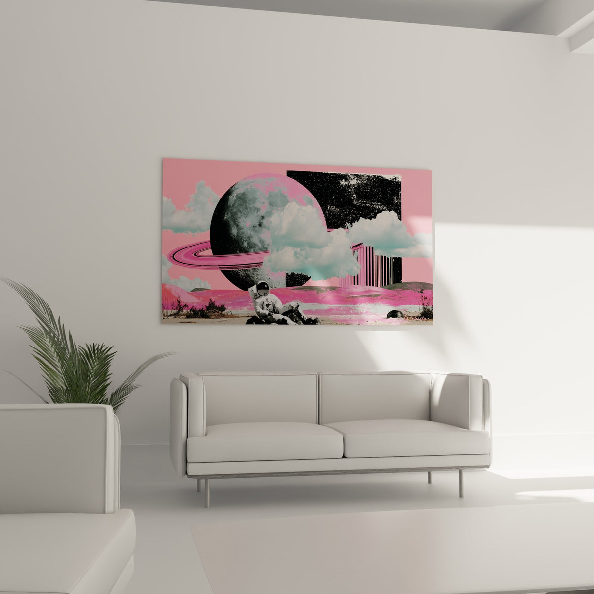 Figure en scaphandre reposant sous anneaux roses et nuages blancs, au-dessus d'un canapé dans un salon lumineux