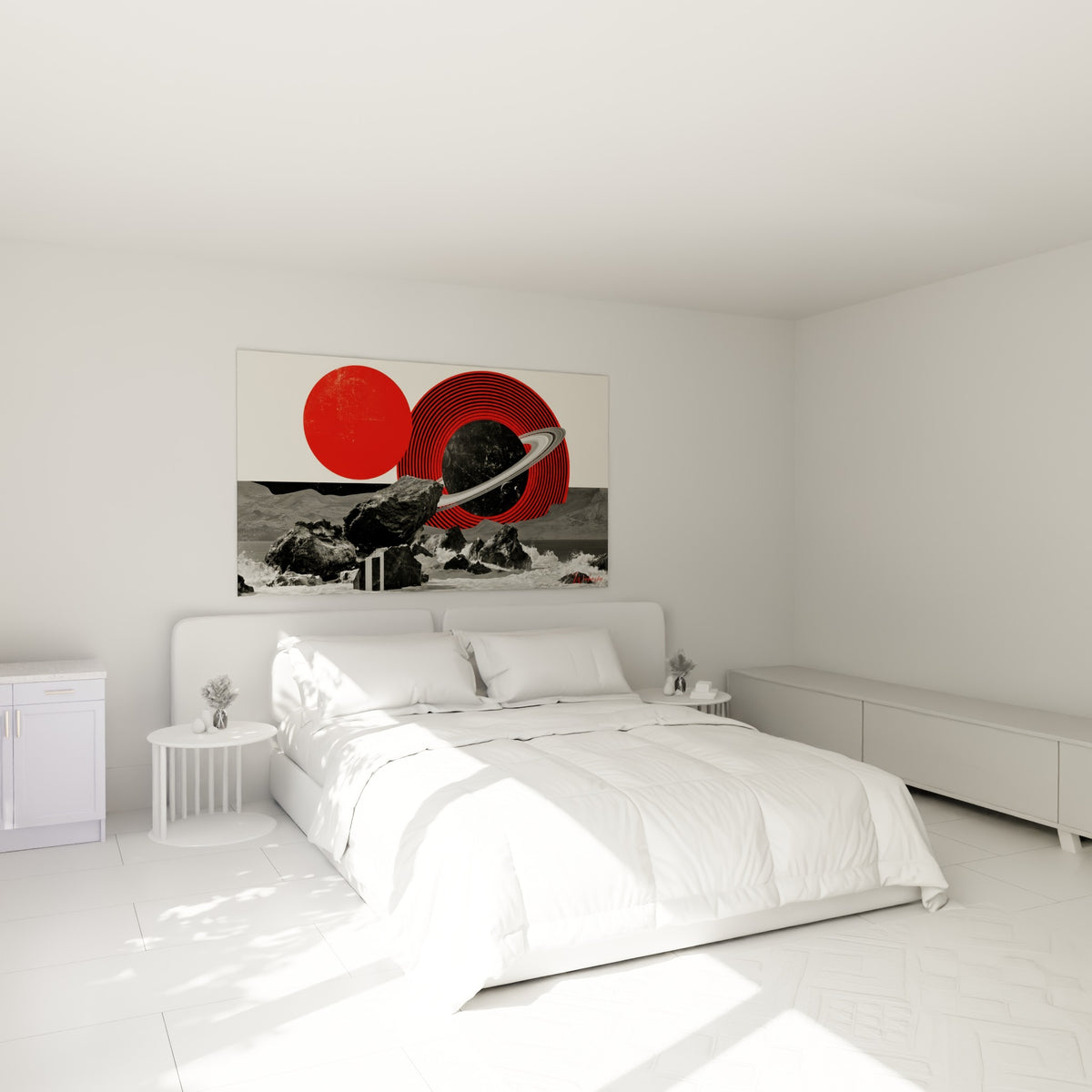 Astre cerclé de rouge et noir dominant un rivage minéral, au-dessus d'un lit dans une chambre claire