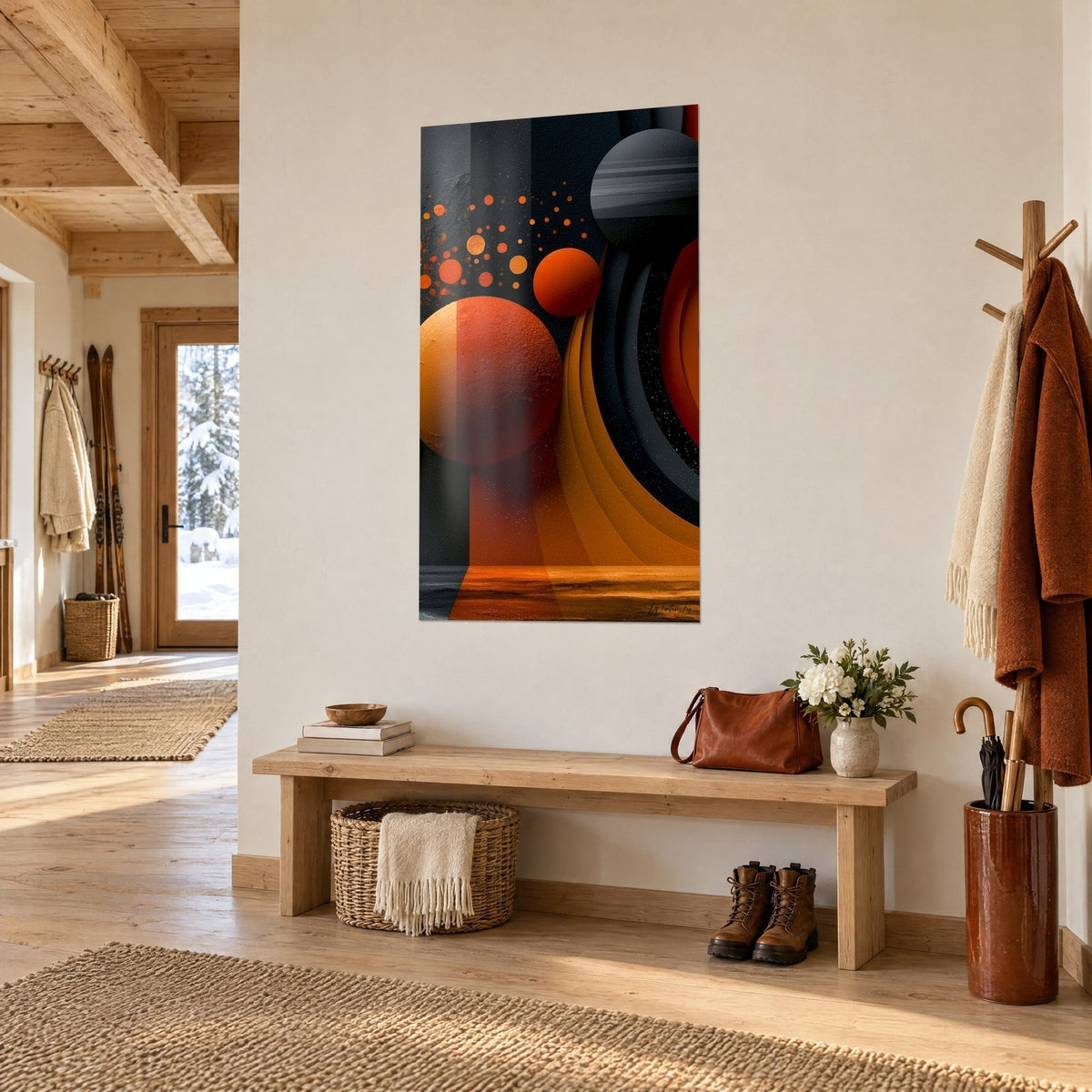 Wall art with rust-red spheres on a charcoal background, ochre curves cascading, three-quarter view in the entrance of a chalet